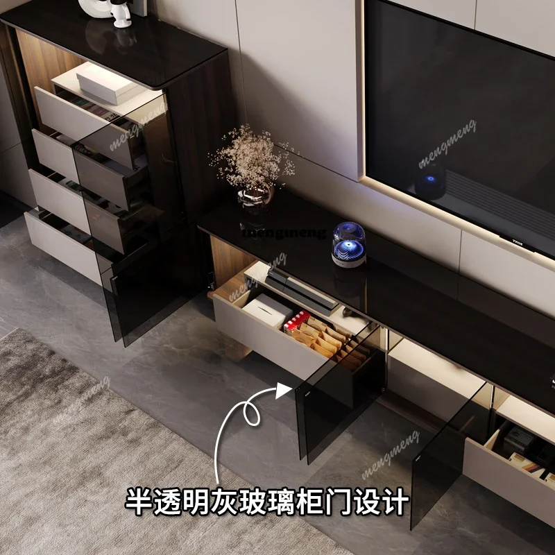 New arrive Italian minimalist TV cabinet coffee table combination with glass door living room light luxury high sense floor ligh