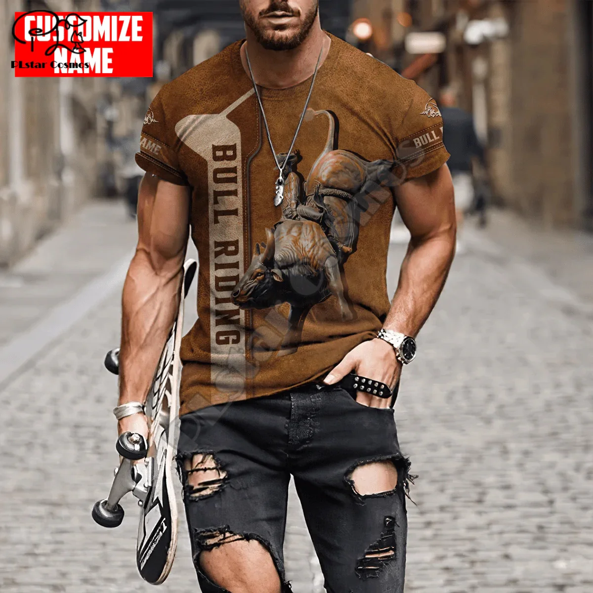 

Custom Name Animal Sports Rodeo Bull Riding Cowboy Tattoo 3DPrint Unisex Summer Casual Funny Harajuku Short Sleeves T-Shirts 1X