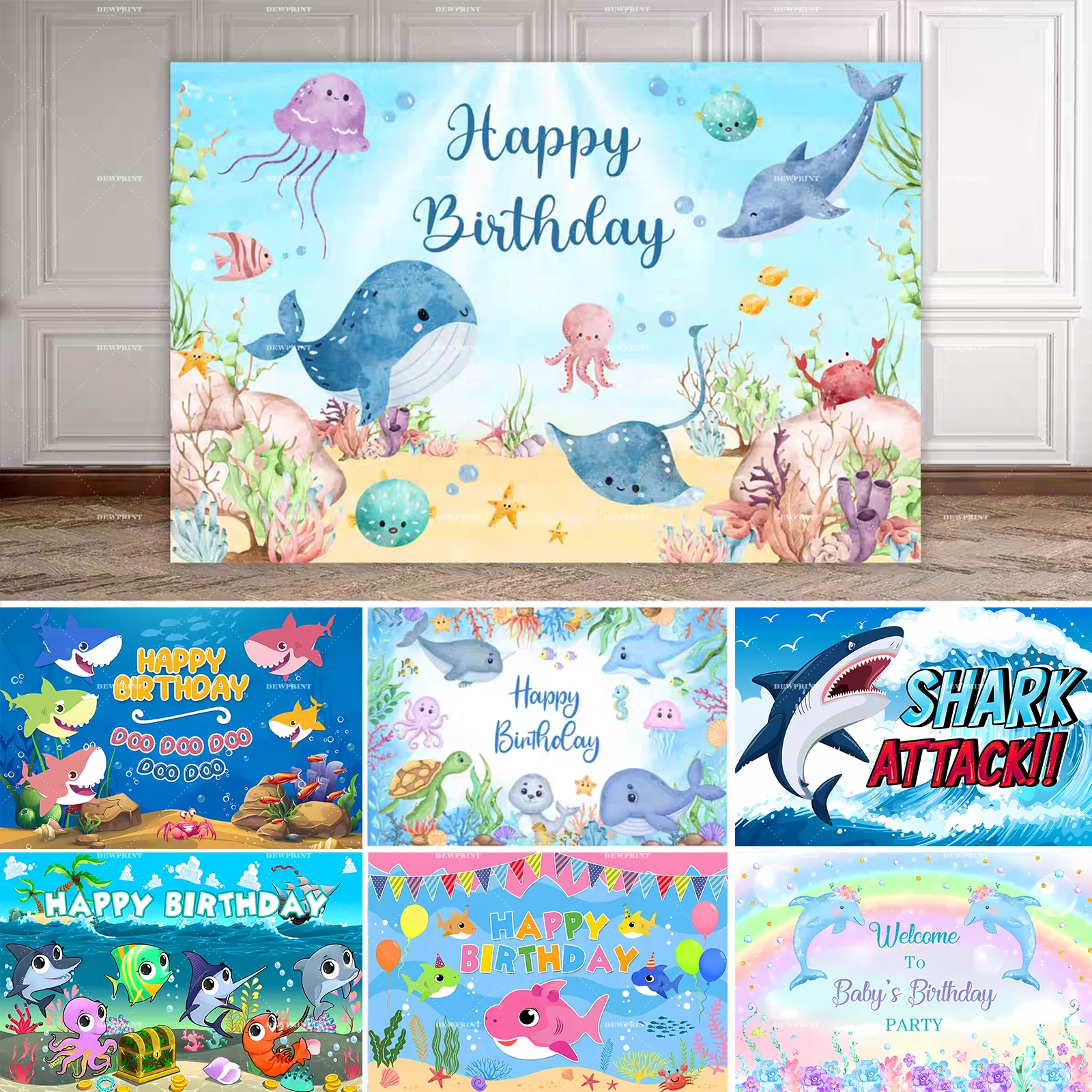

Newborn Baby Birthday Seabed Fish Backdrop Sea Ocean Shark Dolphin Underwater World Party Photography Background Photo Studio