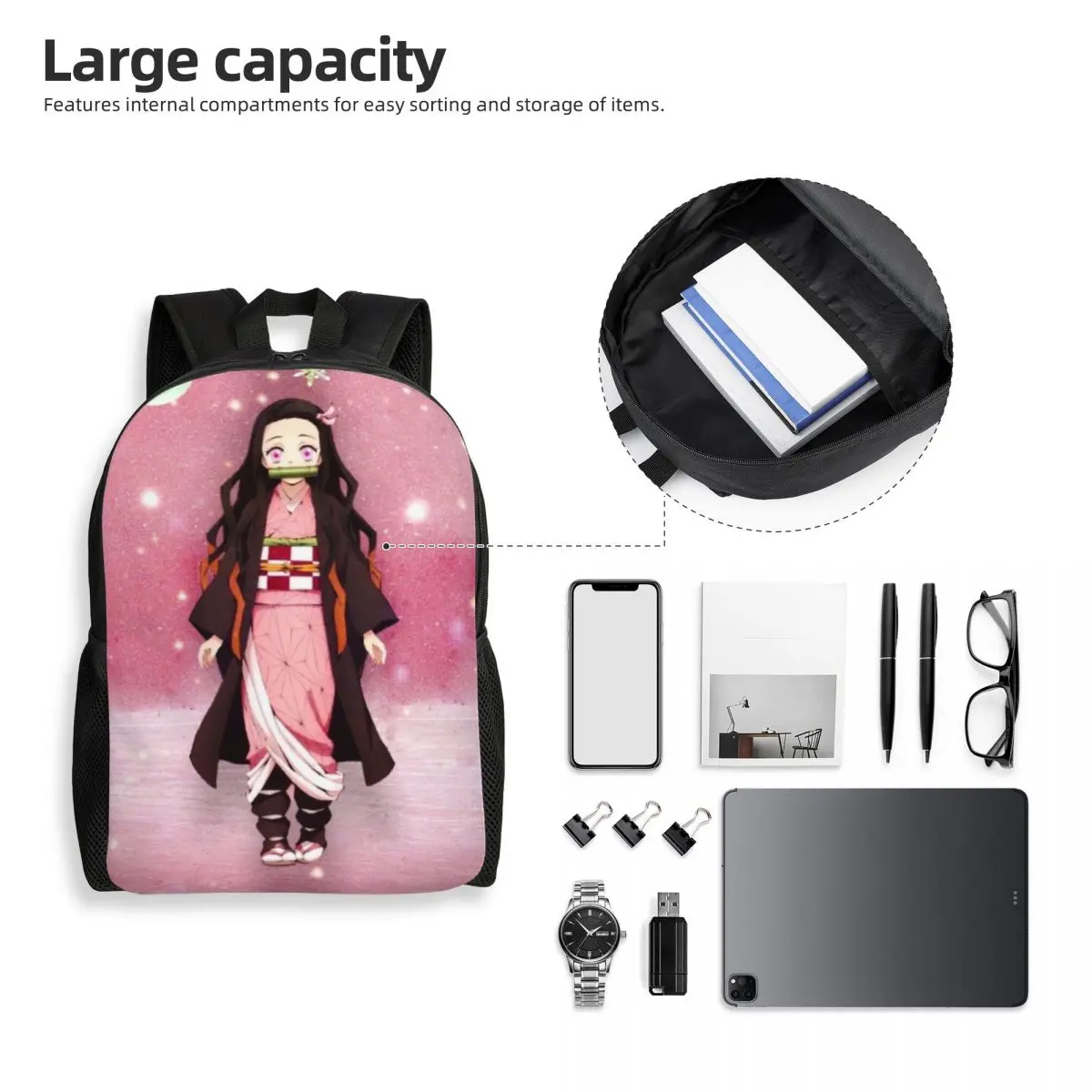 Mochila Nezuko Kamado para homens e mulheres, resistente à água, assassino de demônios, quimetsu no yaiba, estampa, bolsa de escola universitária