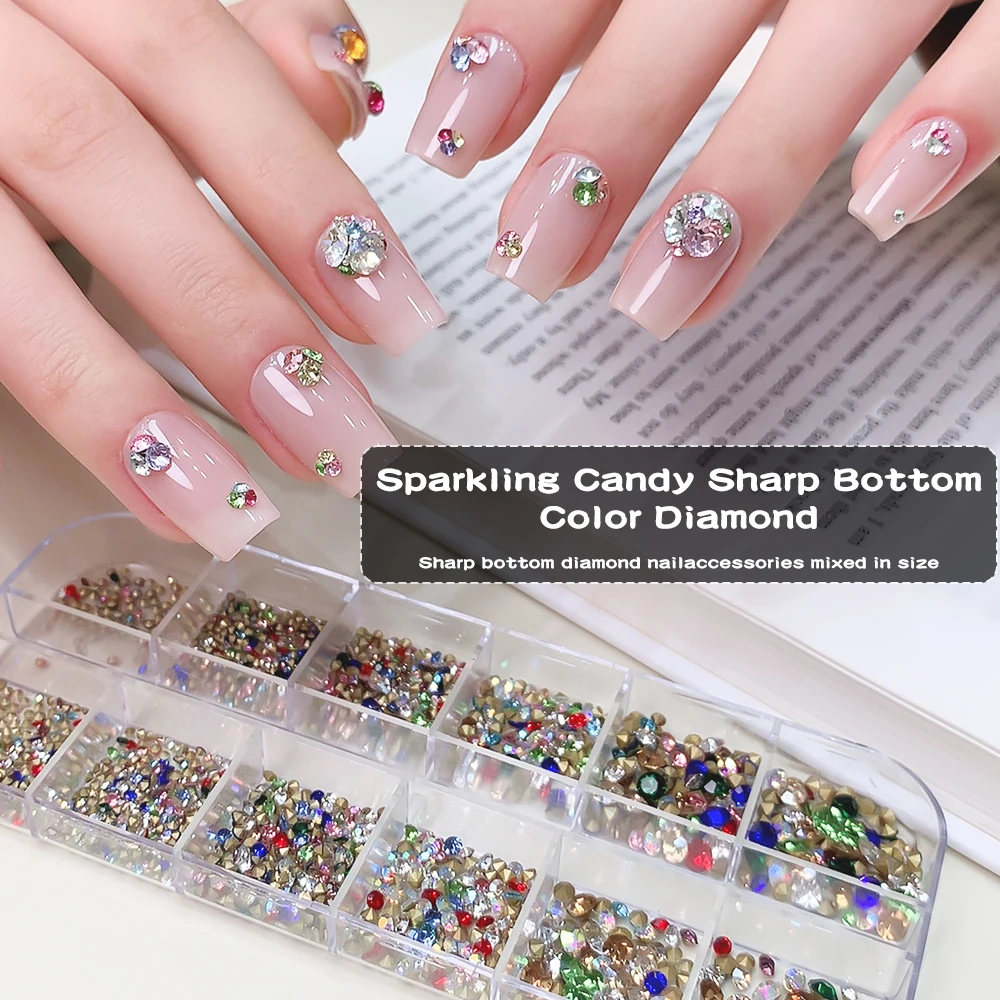 650 pièces tailles mixtes pointues dos coloré ongles gemmes bonbons ongles strass scintillant manucure décoration bricolage Nail Art fournitures