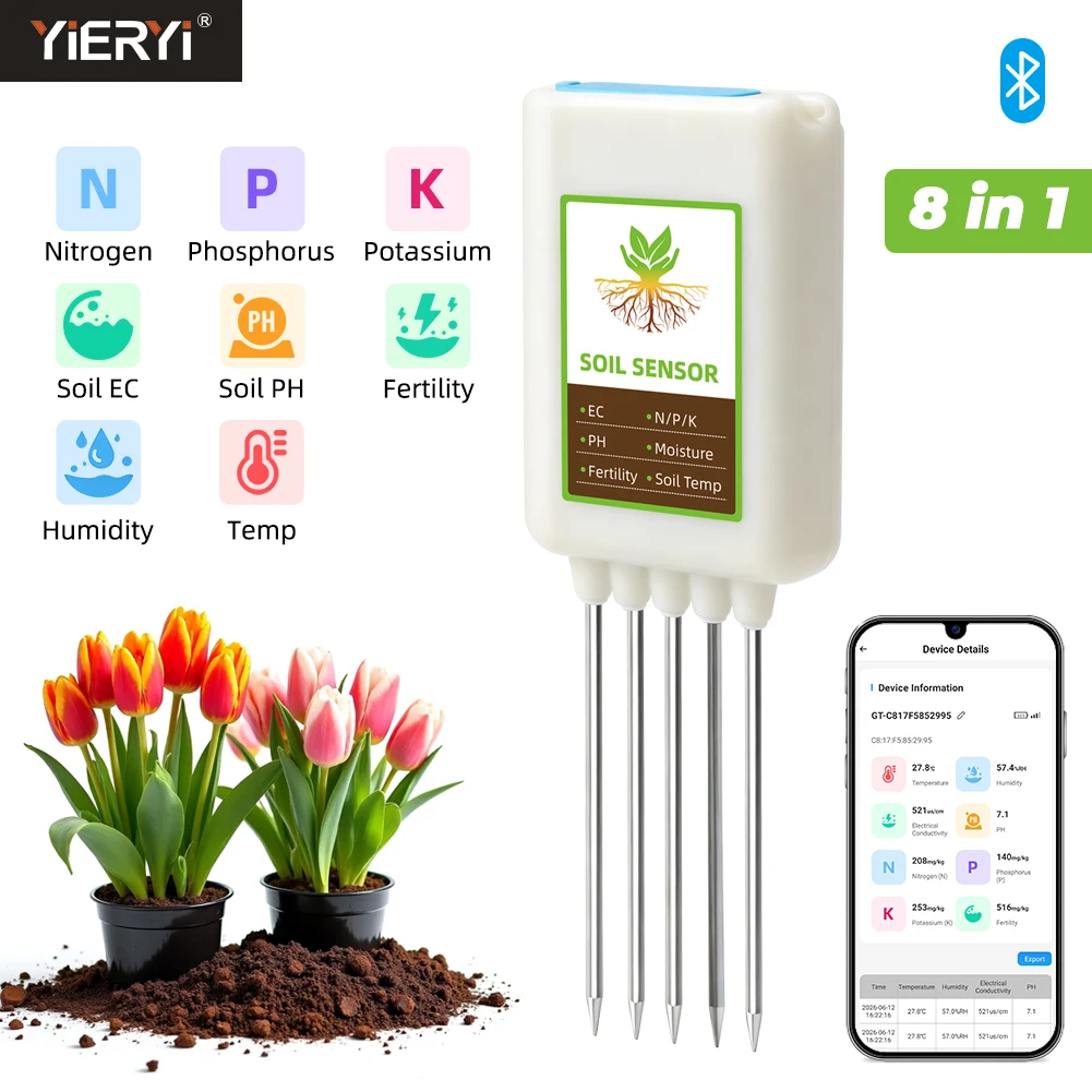 Yieryi Bluetooth 8 in 1 Soil Tester NPK Sensor APP Data Logger Smart PH EC Moisture Temp Fertilizer Meter for Garden Greenhouse
