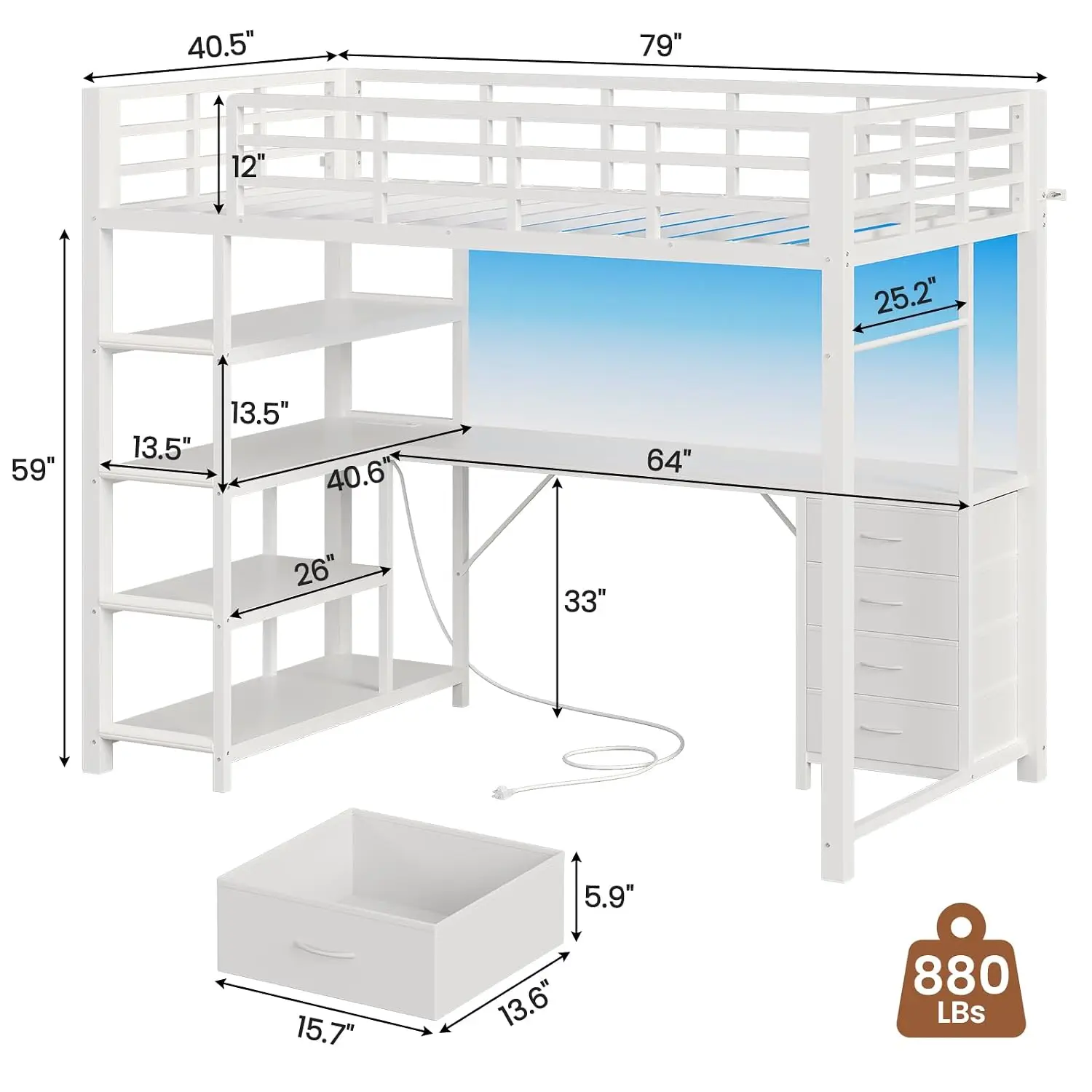 Loft Bed Twin Size with L Shape Desk,4 Drawers,3-Tier Storage Shelves Metal Loft Bed Frame with Power Outlet and LED Lighted
