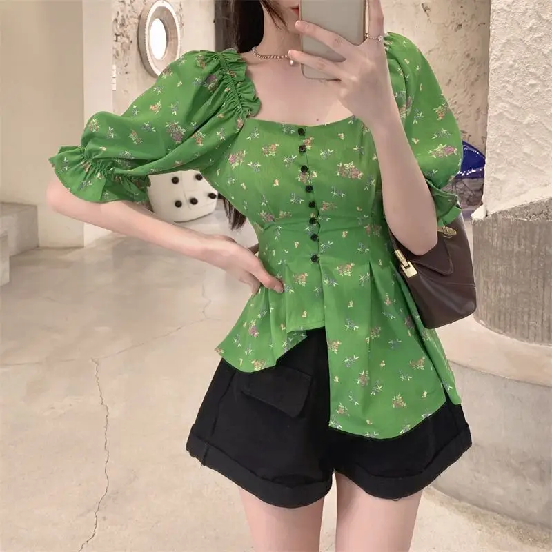 Hotsweet Stand Collar Waist Shirt 2024 Summer Puff Sleeve Women\'s Clothing Broken Flowers Fashion Asymmetrical Folds Slim Blouse