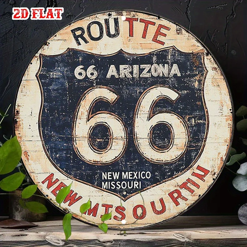 قطعة واحدة من لوحات فنية جدارية معدنية على الطريق العتيق 66 - لافتة ألومنيوم مستديرة مع قاعدة سوداء وتصميم درع أبيض، مظهر ريفي متماثل في الداخل