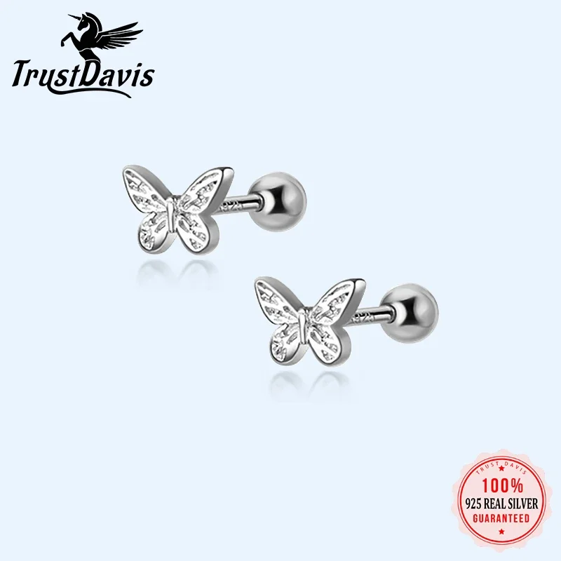 TrustDavis Real 925 Sterling Silver Sweet Insect Butterfly Screw Stud Earrings For Women Children Mini Minimalist Jewelry DA1897