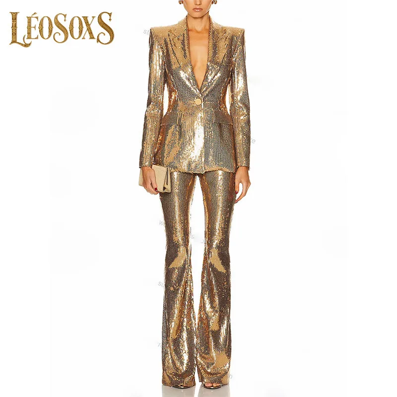 

LEOSOXS Fashion Women's Elegant Gold Sequin 2 Piece Set Lapel Long Sleeve Blazer Coat High Waist Pants Slimming Sets 2025 New