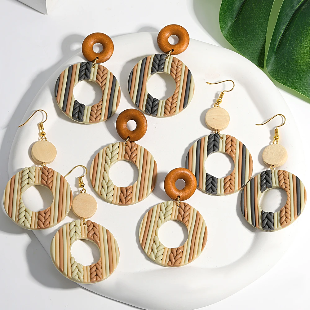 AENSOA Handmade Khaki Braided Wooden Round Polymer Clay Drop Earrings for Women Geometric Sweater Knit Pattern Earrings Jewelry