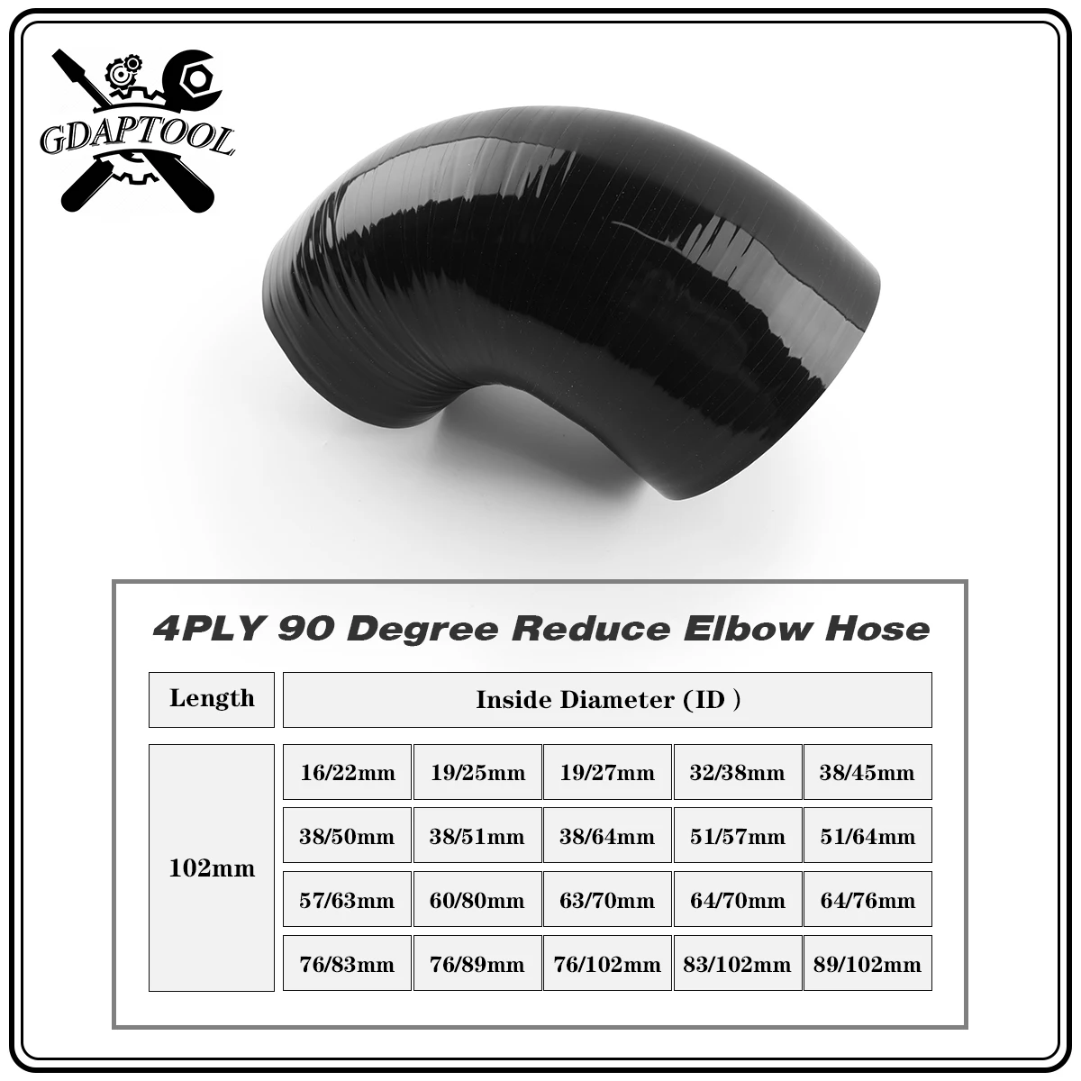 4-PLY Black 102mm Length 90 Degree Reduce Elbow Silicone Coolant Intercooler Hose ID 16 19 32 38 51 57 60 63 64 76 83 89 102 mm
