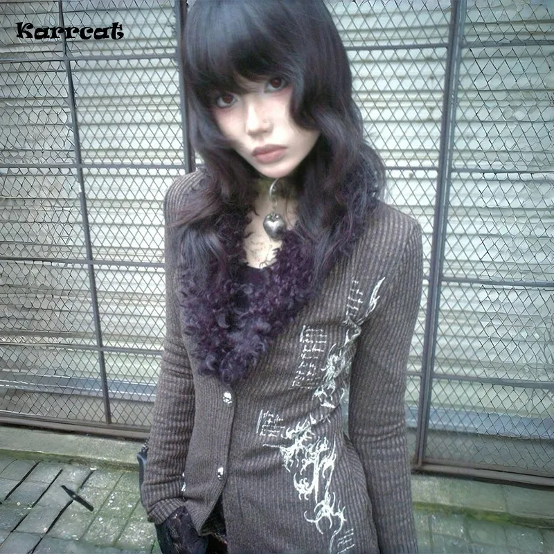 Karrcat Grunge Aesthetics Tassel Shirt Japanese Y2k Tattoo Print Knitted Shirts Vintage Gothic V-neck Fur Blouses Harajuku 2000s