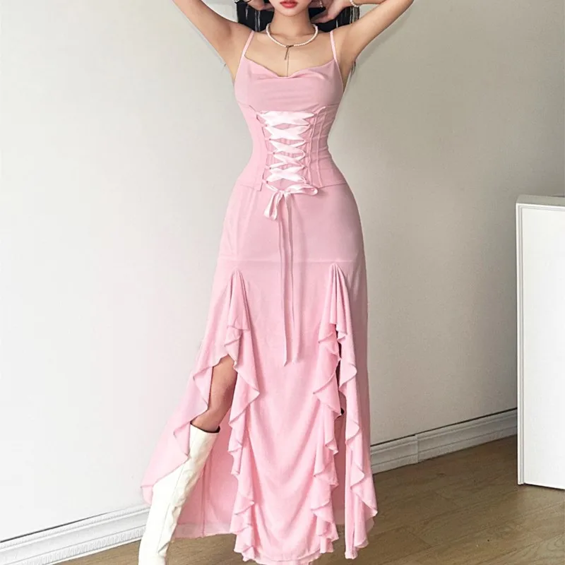 

Sweet Pink Sling Dress Women's Waist-Controlled Lace-up Ruffled Split Slimming Long Skirt Fashion