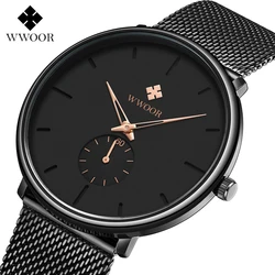 WWOOR-reloj analógico de acero inoxidable para hombre, accesorio de pulsera de cuarzo resistente al agua con calendario, complemento masculino de marca de lujo con diseño clásico e informal, perfecto para negocios