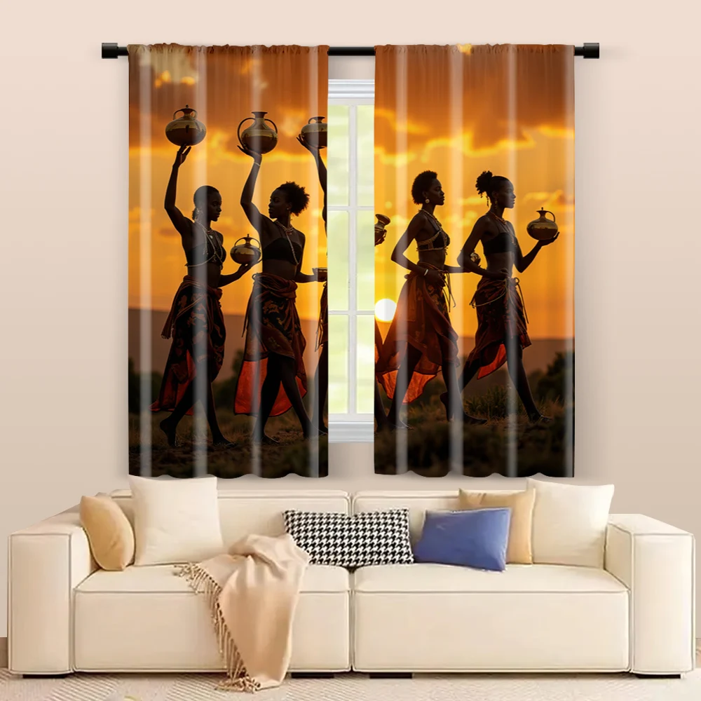 2 pcs, filtering curtains (excluding rods, non-movable, without batteries) African Tribal Woman for use in bedrooms and living