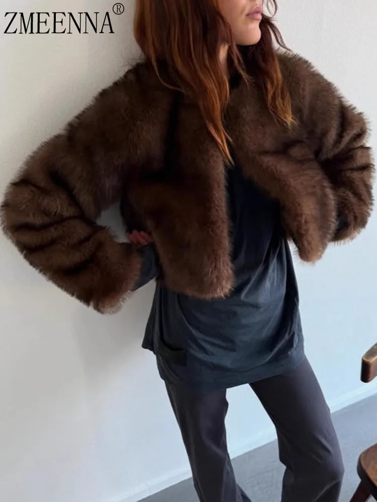 

ZMEENNA женская короткая куртка-бомбер из искусственного меха с круглым вырезом и длинными рукавами, теплая повседневная верхняя одежда, коричневая модная шикарная ZM4361