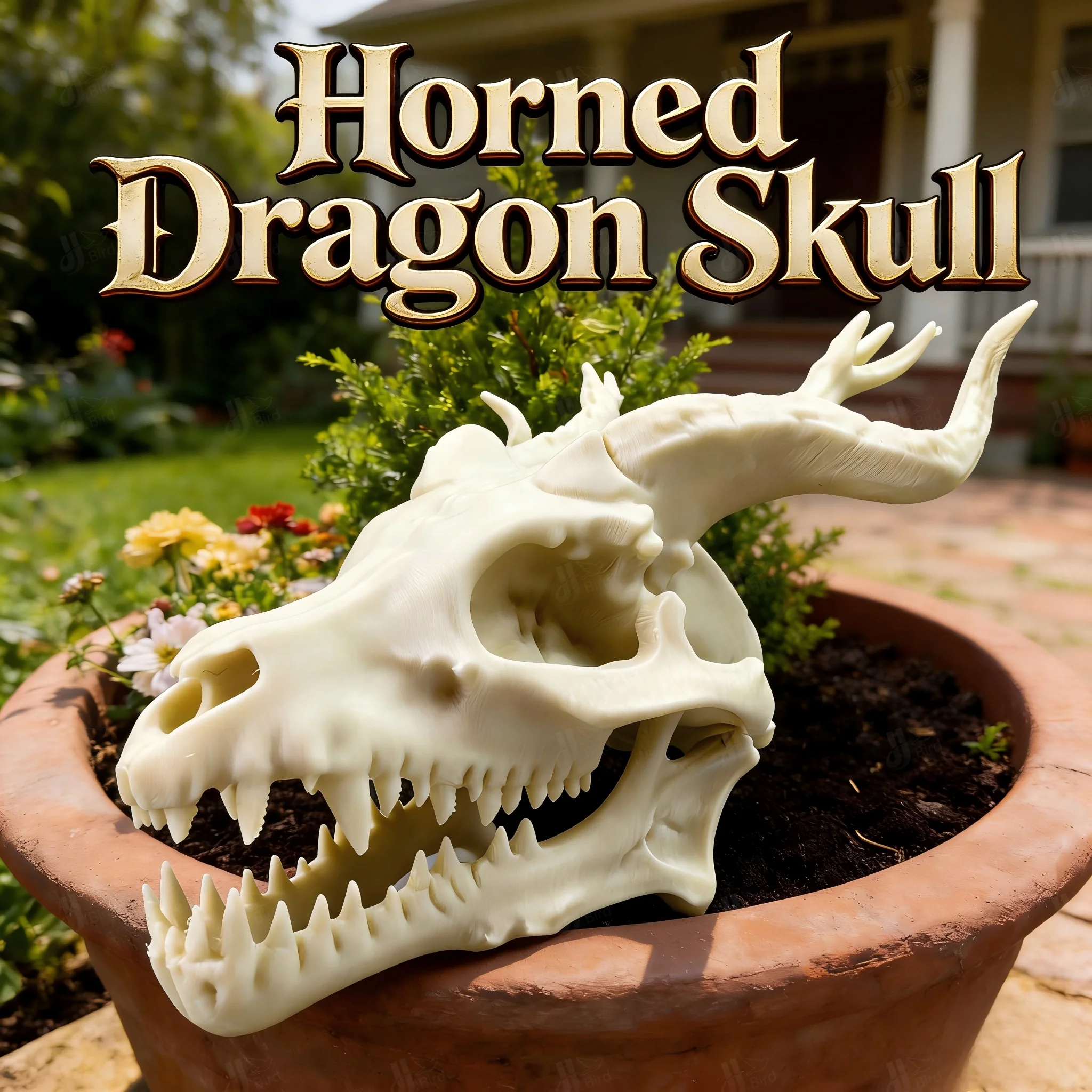 Horned Dragon Skull Outdoor Ornament, Creative Style, Outdoor courtyard Garden Decor, Ideal For Creative Spaces