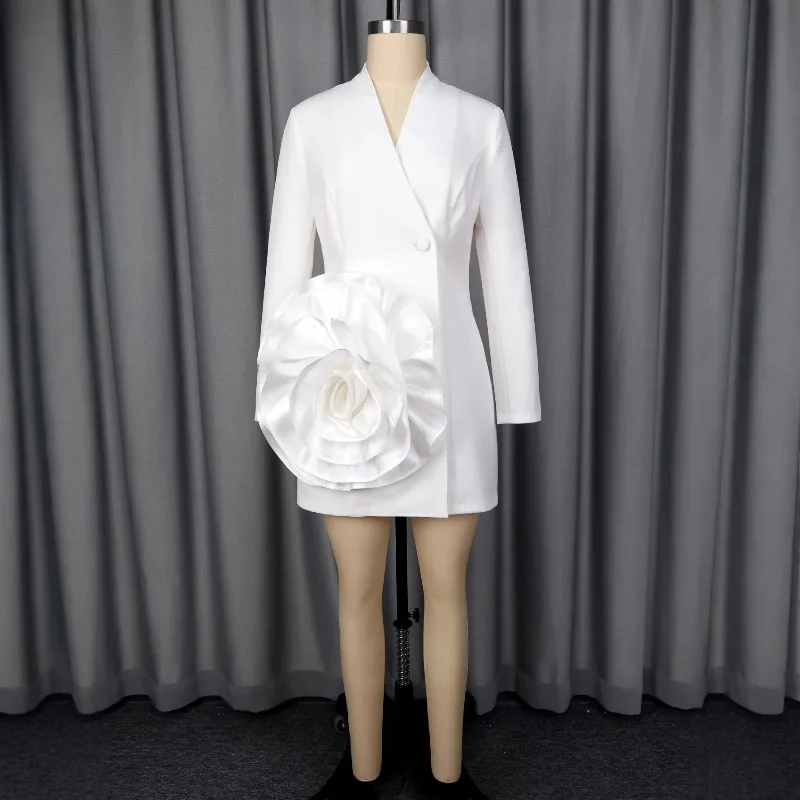

Elegant Party Evening Dashiki African Dresses for Women Summer African Long Sleeve V-neck White Polyester Blazer Dress Outfits