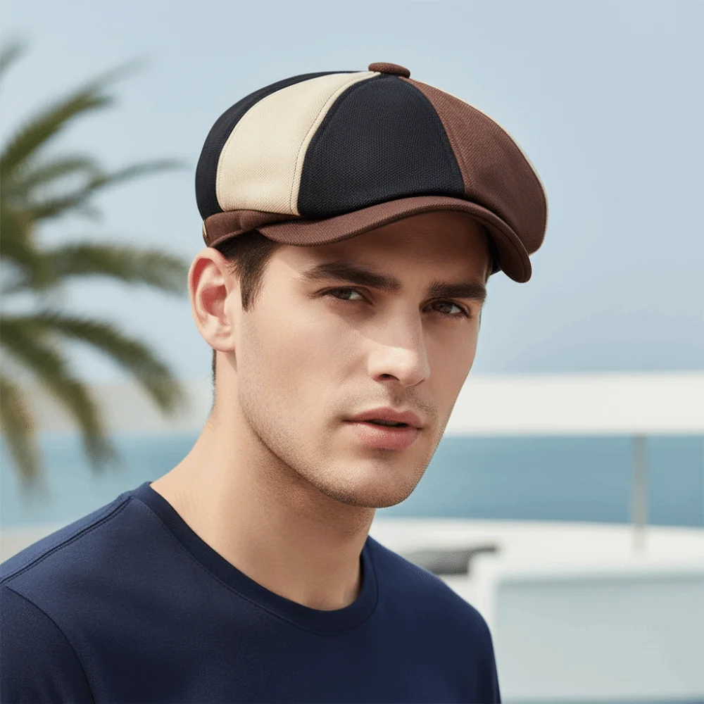 Lightweight Patchwork Newsboy Cap Breathable Fabric Multi-Panel Stitching Colorblock Flat Hat Soft Structured Crown