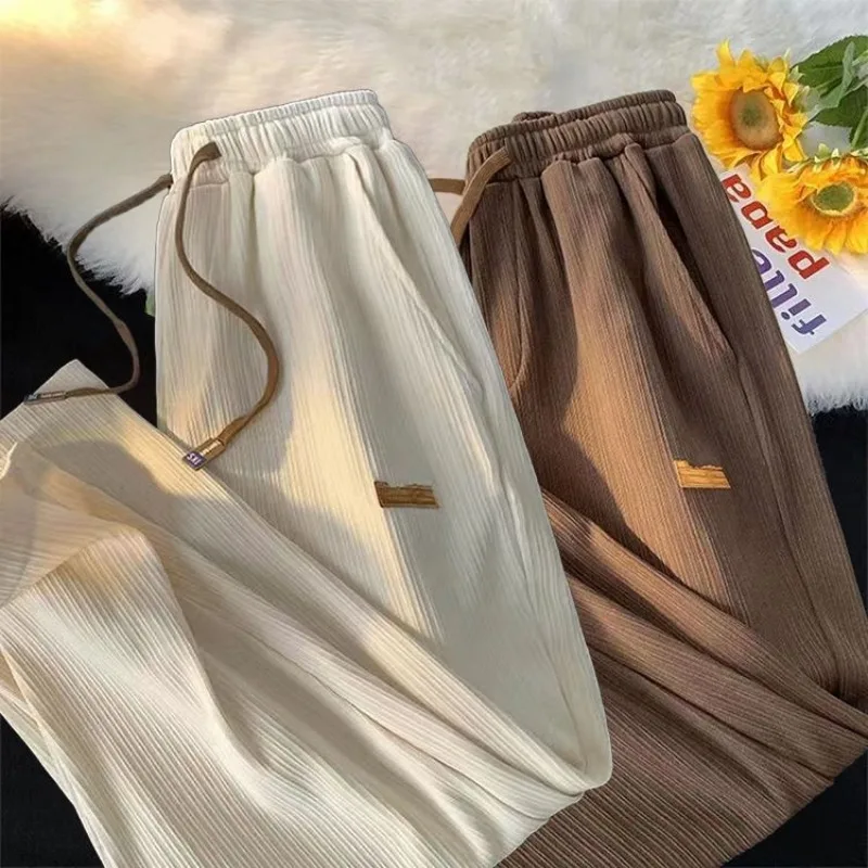 Simplicity Trend Summer Casual Pants Men's Elastic Waist Drawstring Pocket Quick Drying Thin Ice Silk Wide Leg Straight Trousers