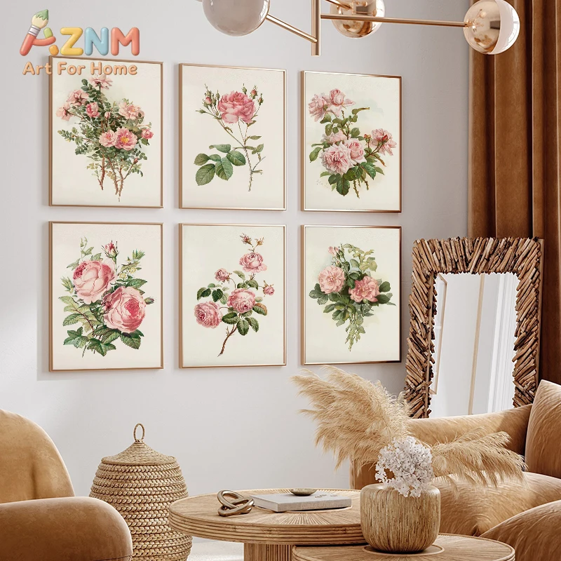 Vintage Pink Roses Floral Poster Print Botanical Flowers Canvas Painting Wall Art Pictures for Cottage Living Room Home Decor