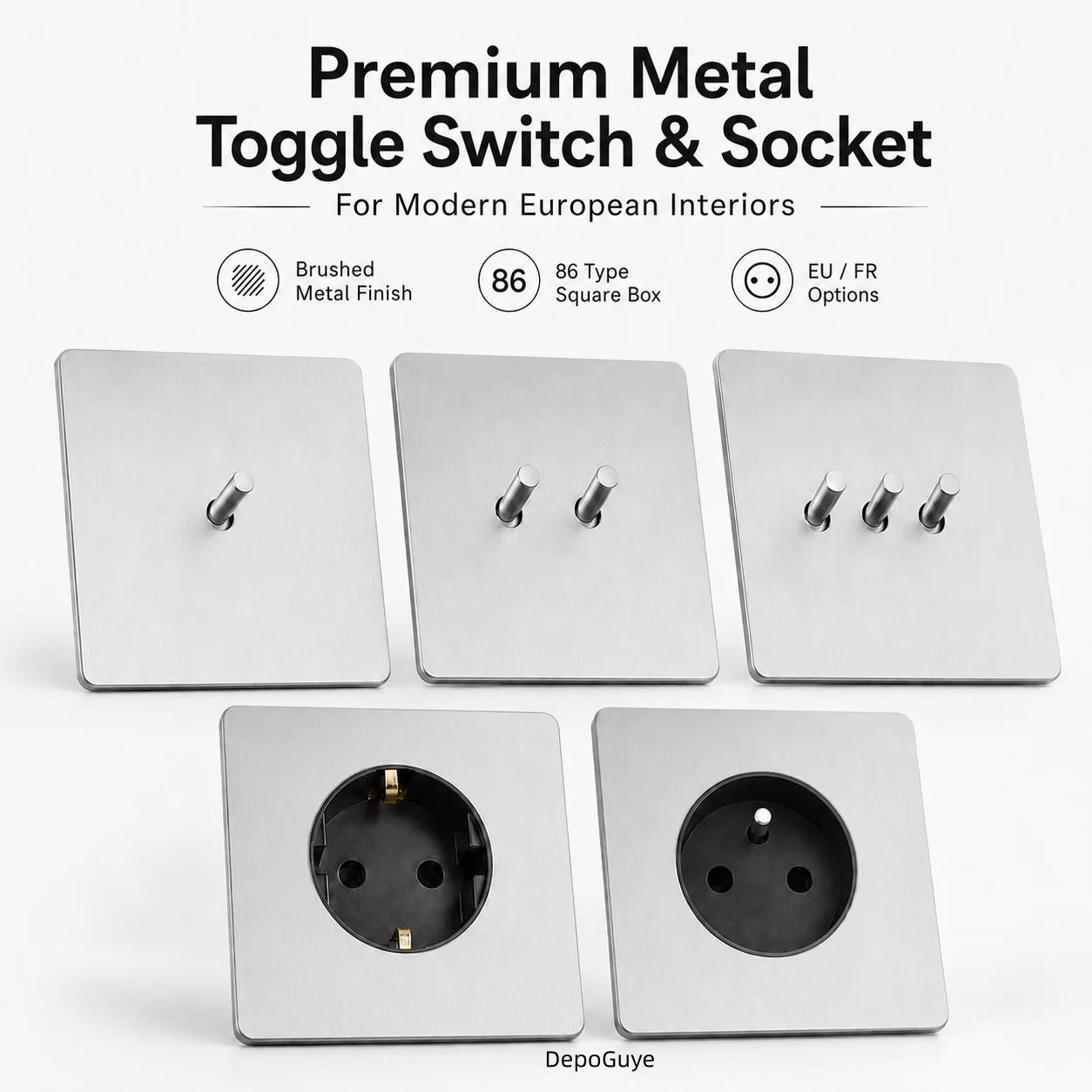 Wall Light Toggle Retro Switch Panel 1-4 Gang 2 Way EU Silver Gray Brushed Stainless Steel Antique Switch Outlet with USB Chargi
