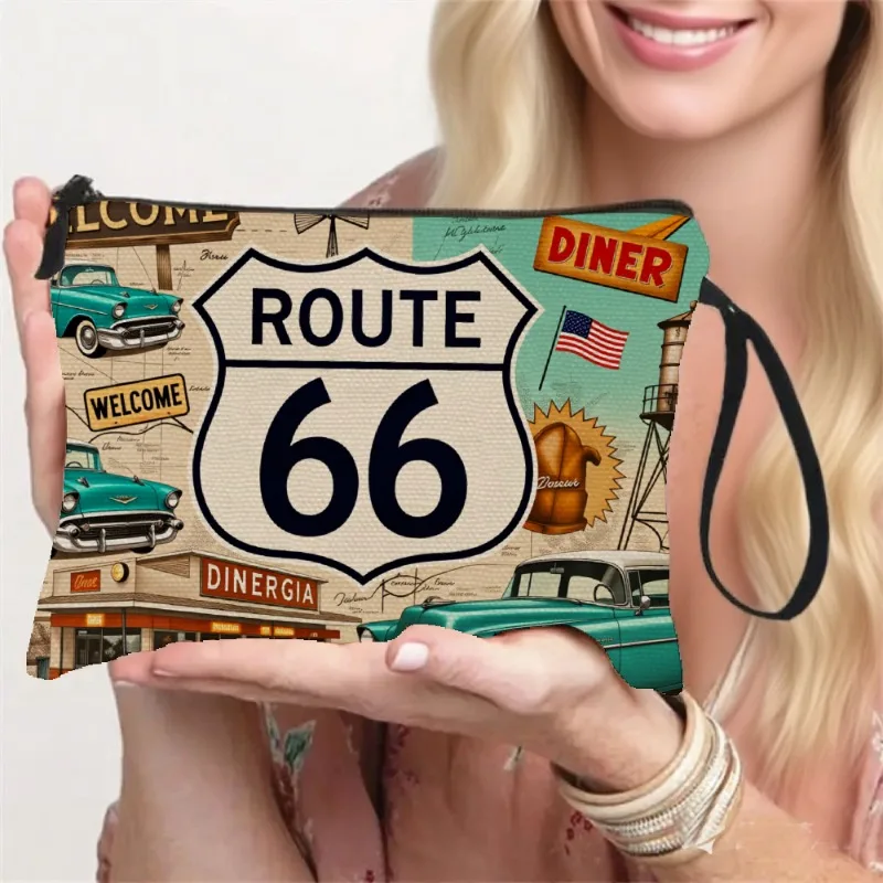 Retro Car & Highway Print Wristlet Toiletry Bag - Zippered Travel with Top Handle, Lightweight Suitable for Travel & Daily Use,