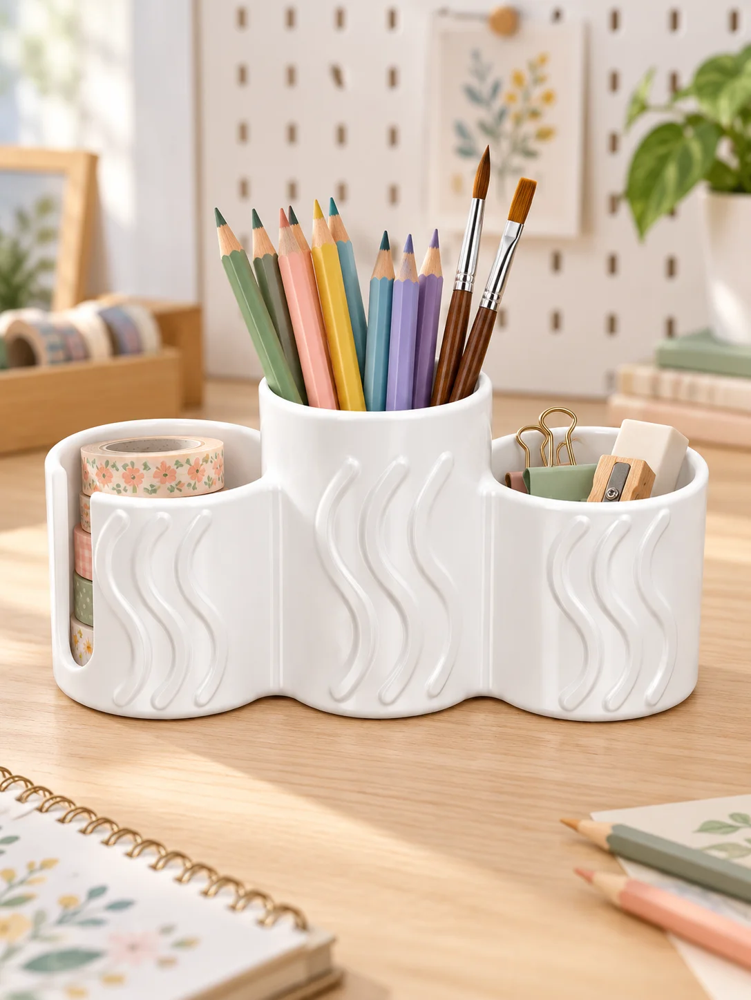Creamy White Wavy-Textured Three-Compartment Multifunctional Storage Box. One Item, Multiple Uses: Can Be Used as a Bathroom Toothbrush Holder, Makeup Brush Holder, or Desktop Pen Holder. Three Separate Compartments for Organized Storage of Toiletries, Makeup, Stationery, and Other Miscellaneous Items. the Middle Compartment Is High and Upright to Hold Long-Handled Items Without Tipping Over. the Lower Compartments on Both Sides Are Suitable for Small Items and Are Easy to Access. the Soft Cream Color Tone Is Suitable for Various Home Decor Styles Such as Cream Style, Wabi-Sabi Style, and Nordic Style. It Can Be Placed on the Washbasin, Dressing Table, or Desk and Will Blend Harmoniously with the Environment