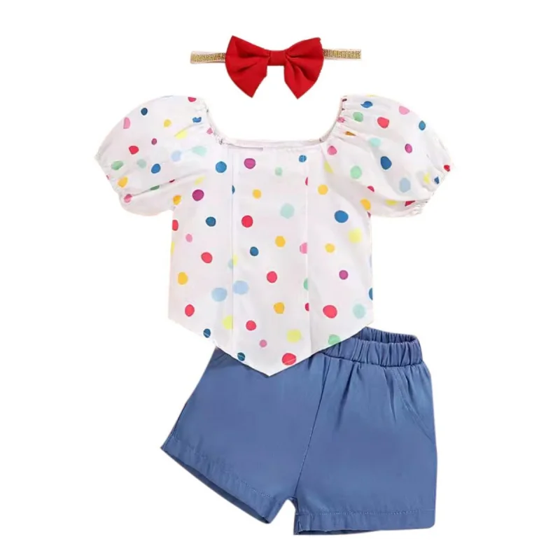 

0-3 Years Baby Girls Suits Infant Girls Dot Printed T-shirt And Shorts With Bow-tie Headband Summer Breathable Two-piece Set