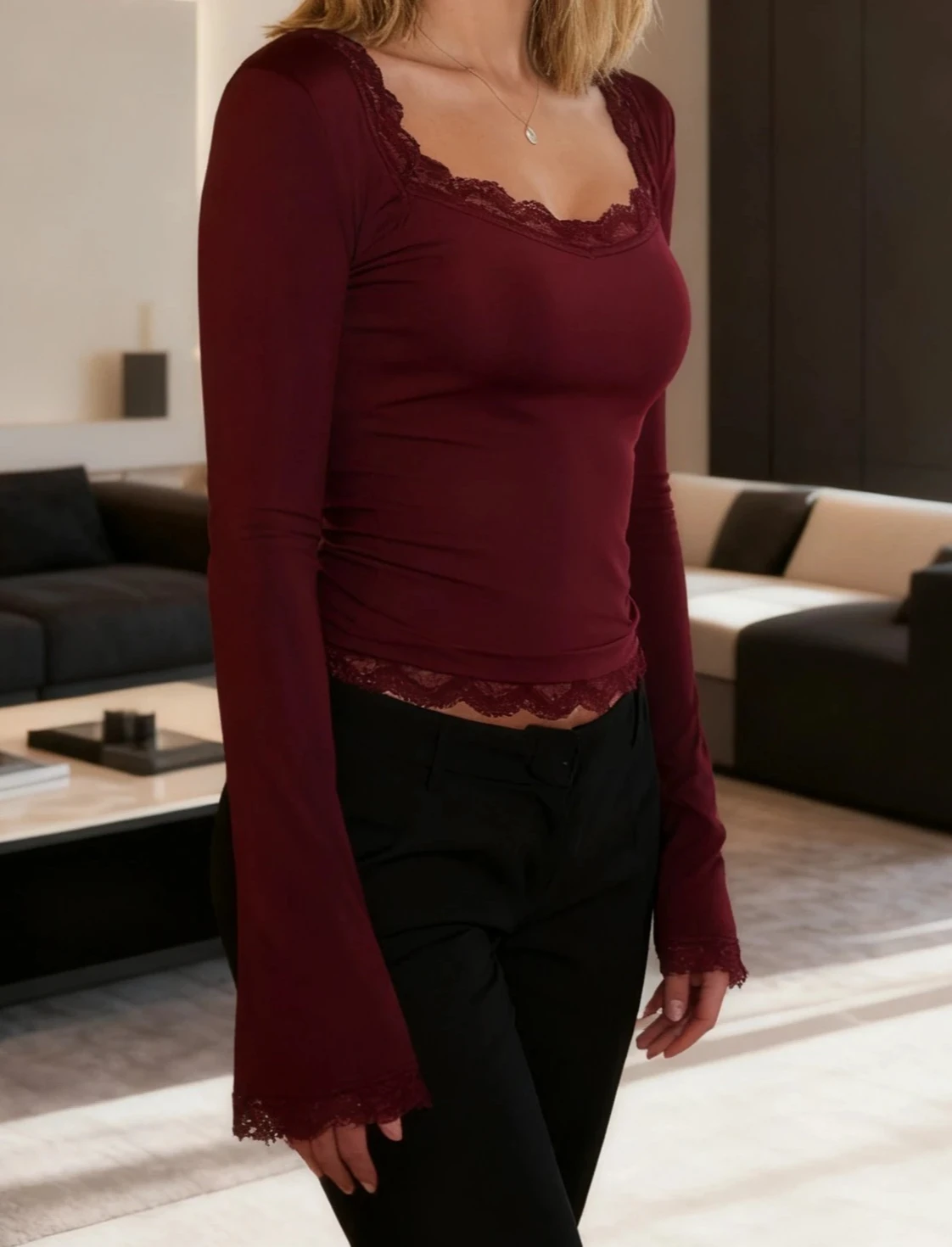 Damska seksowna bluzka z koronkowymi wstawkami, kwadratowym dekoltem, długim rękawem, elegancka, dopasowana, z rozszerzanymi rękawami, krótki top na wiosnę/jesień.