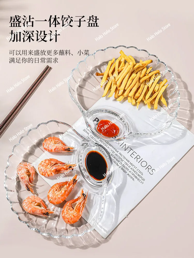 Buy one get one free dumpling plate with vinegar plate Household glass dumpling plate High value special grid shell dish