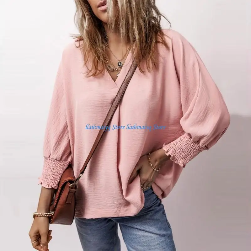 

573B Женский топ с рукавами три четверти и манжетами с рюшами. Легко сочетается с различными низами для стильного повседневного