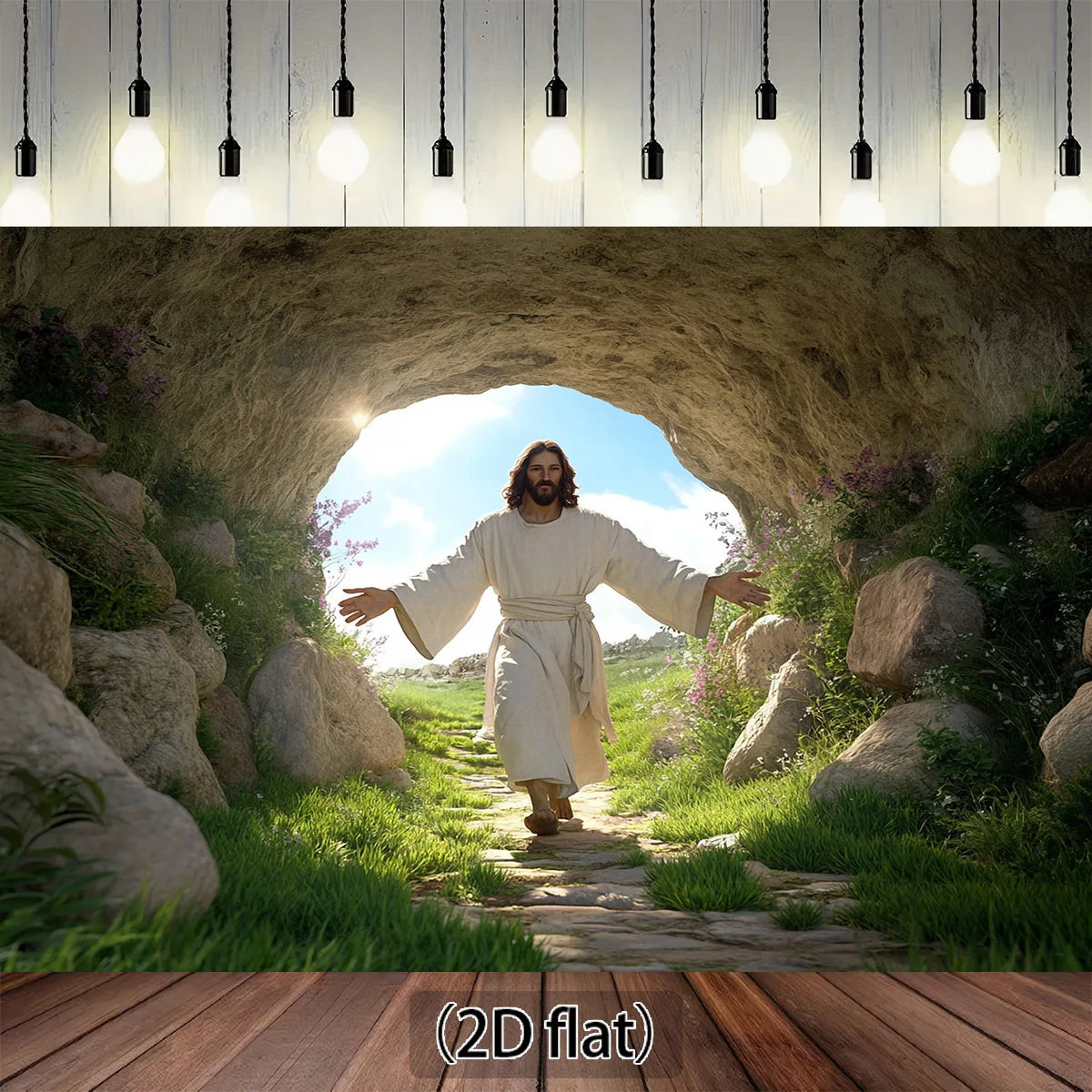 1 fond sur le thème de la résurrection plate 2D avec des paysages de Jésus, de grotte et de chemin
