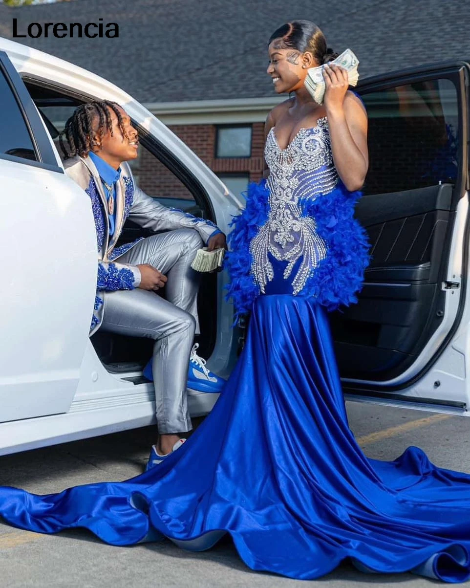 Customized Royal Blue Mermaid Feather Prom Dress For Black Girls Silver Rhinestones Beaded African Party Gala Gown YPD158