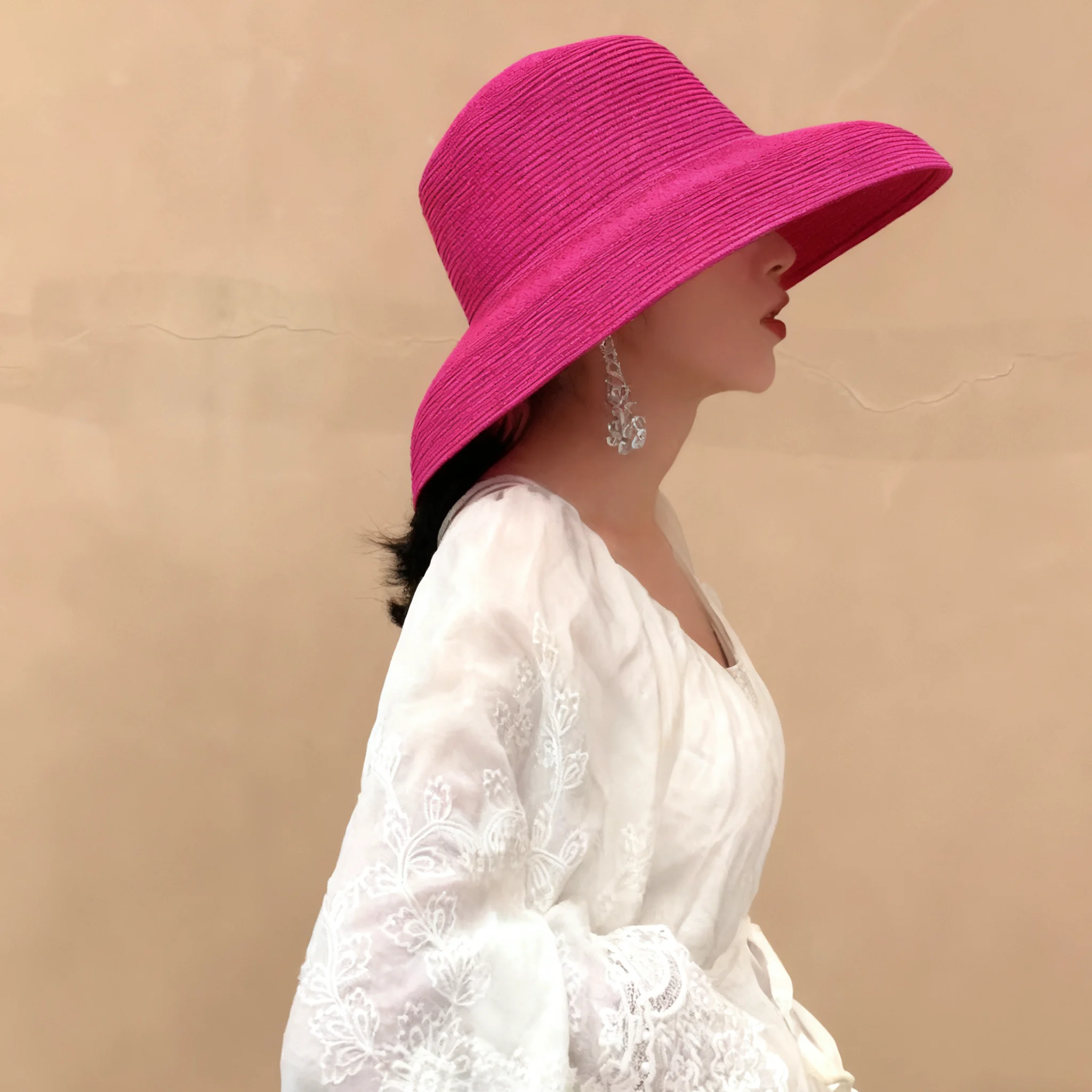 Rose Red Summer Hepburn Style Vintage Design Big Eaves Straw Hat Women Girls Solid Color Beach Holiday Big Sun Gorra