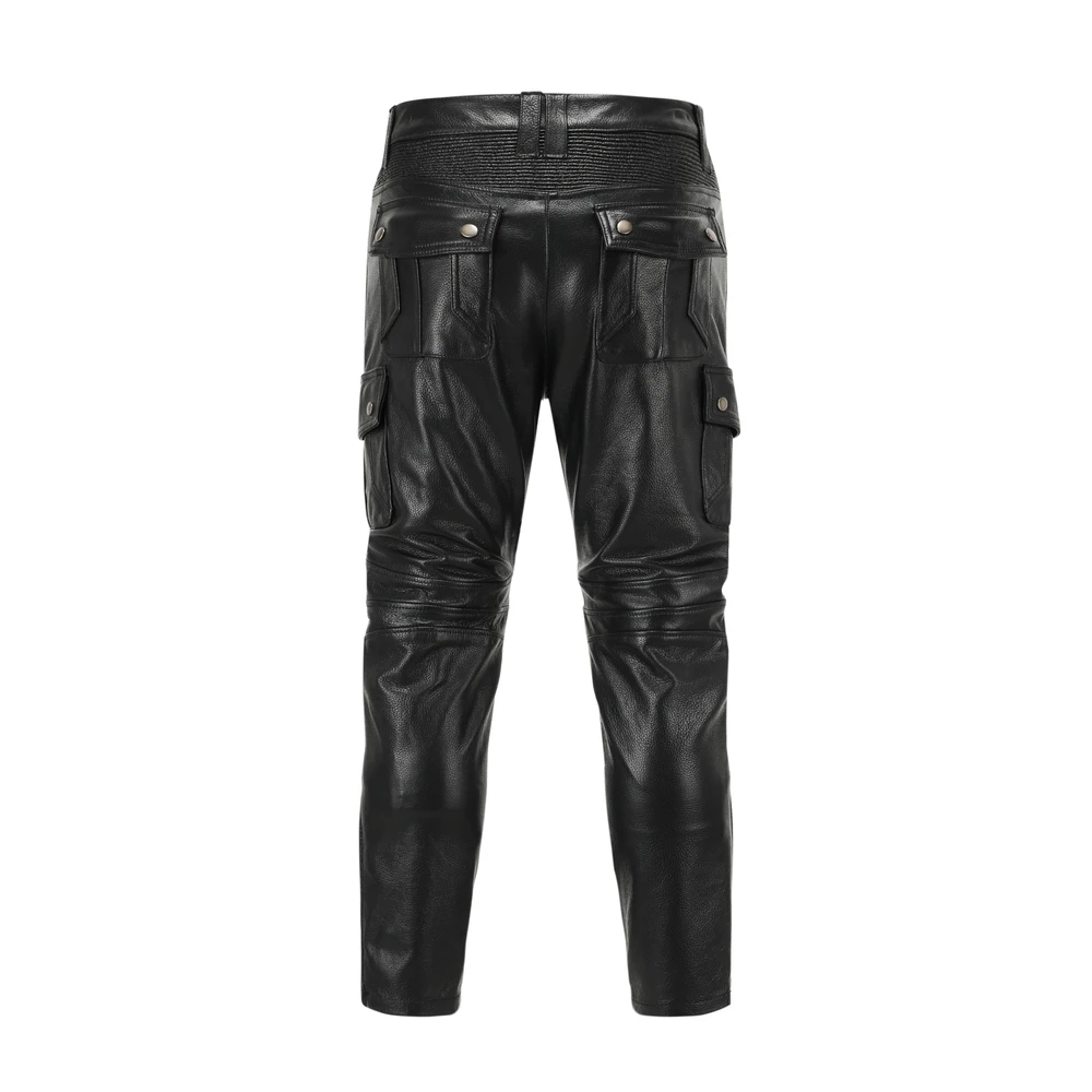 top Men's layer cowhide leather motorcycle riding black slim straight pants can add protective gear