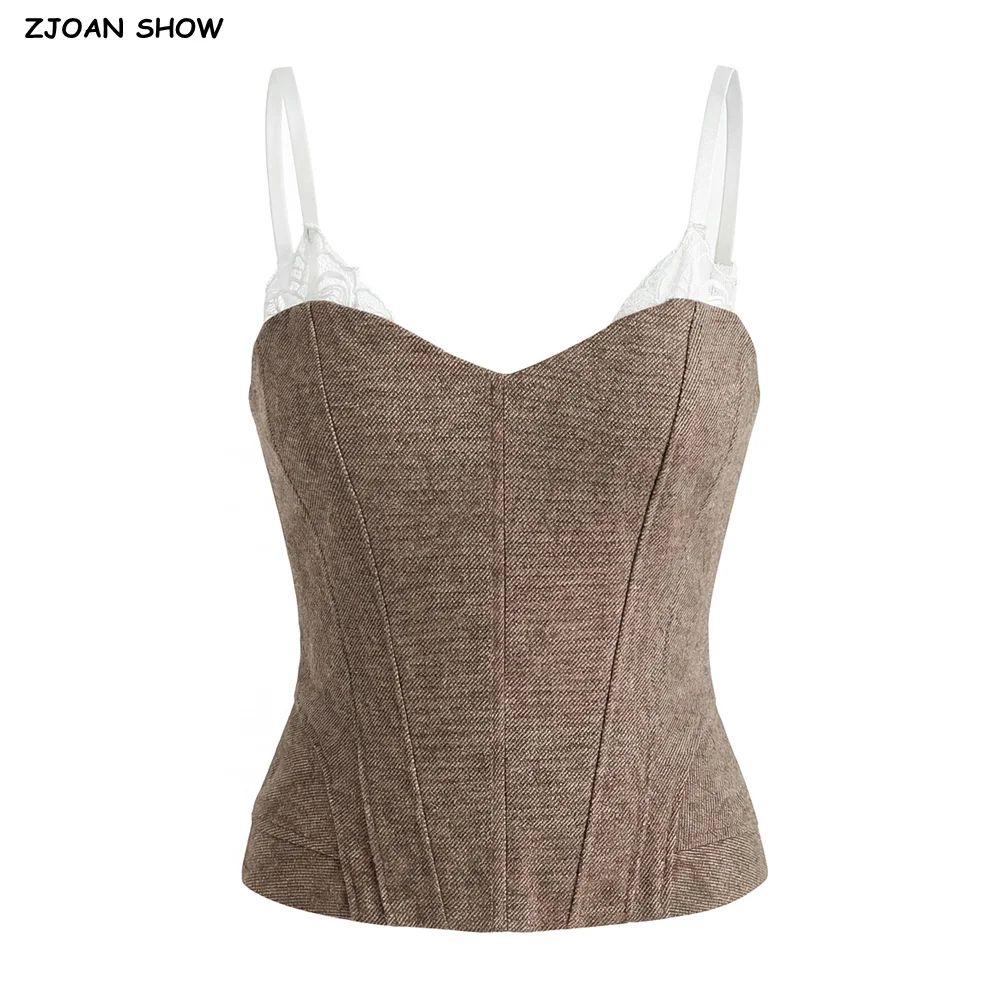 Sexy Women Coffee Spliced Lace V Neck Boing Camisole Summer Zipper Back Contrast Color Strap Camis Crop Top