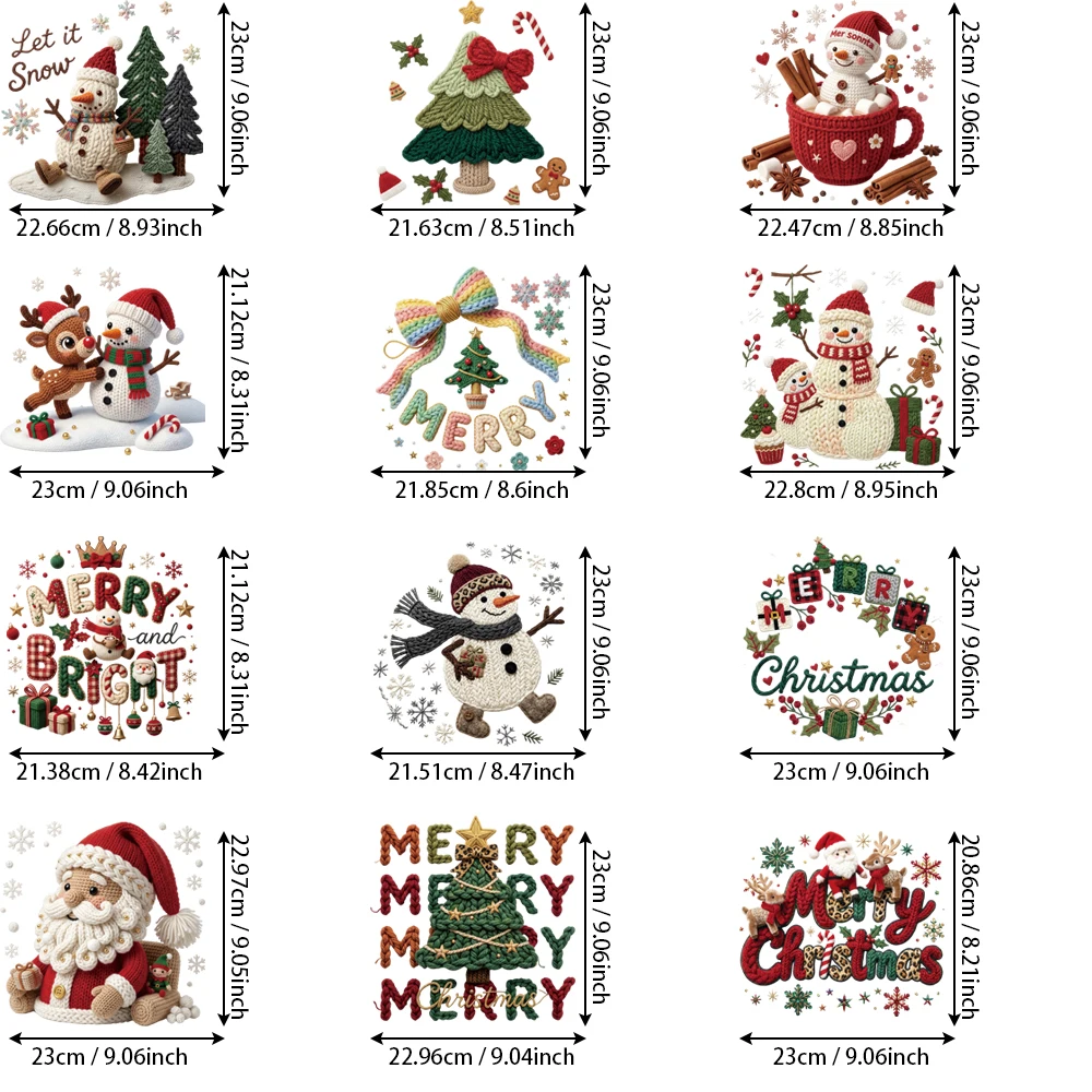 12Pcs Wind Christmas Elements HTV, Snowman Reindeer Tree Full Coverage, Iron-on Washable Non-Fading Clothes