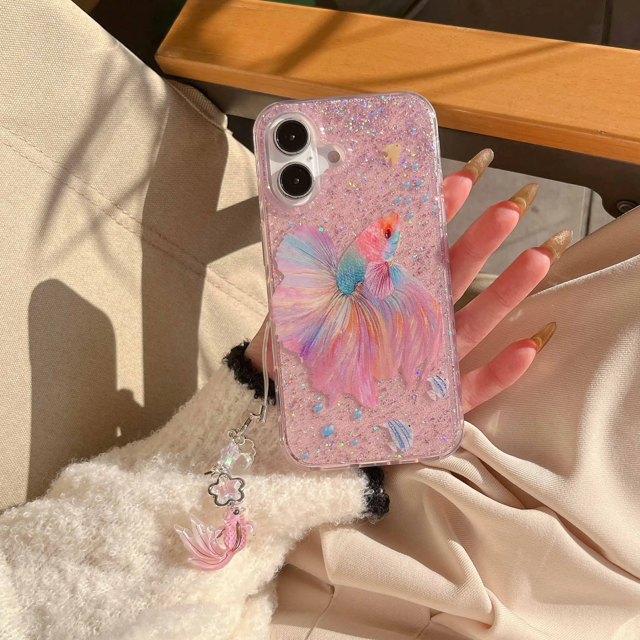 Colorful koi fish lucky shell protector for iphone 16pro 15promax 13 15 pro max 16 14 13pro 14pro pendant pink shiny phone case