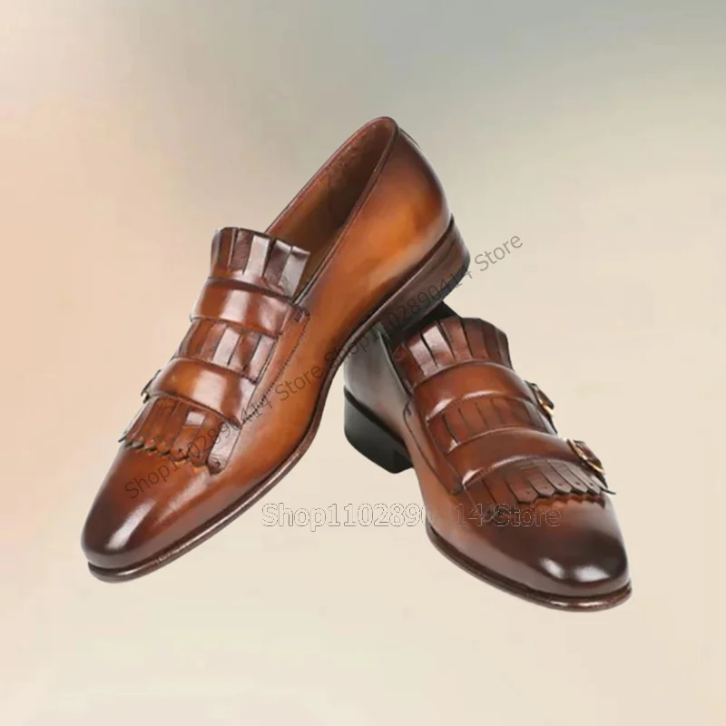 Brown Tassels Buckle Decor Double Monk Men Shoes Fashion Slip On Male Shoes Luxury Handmade Party Office Banquet Men Dress Shoes