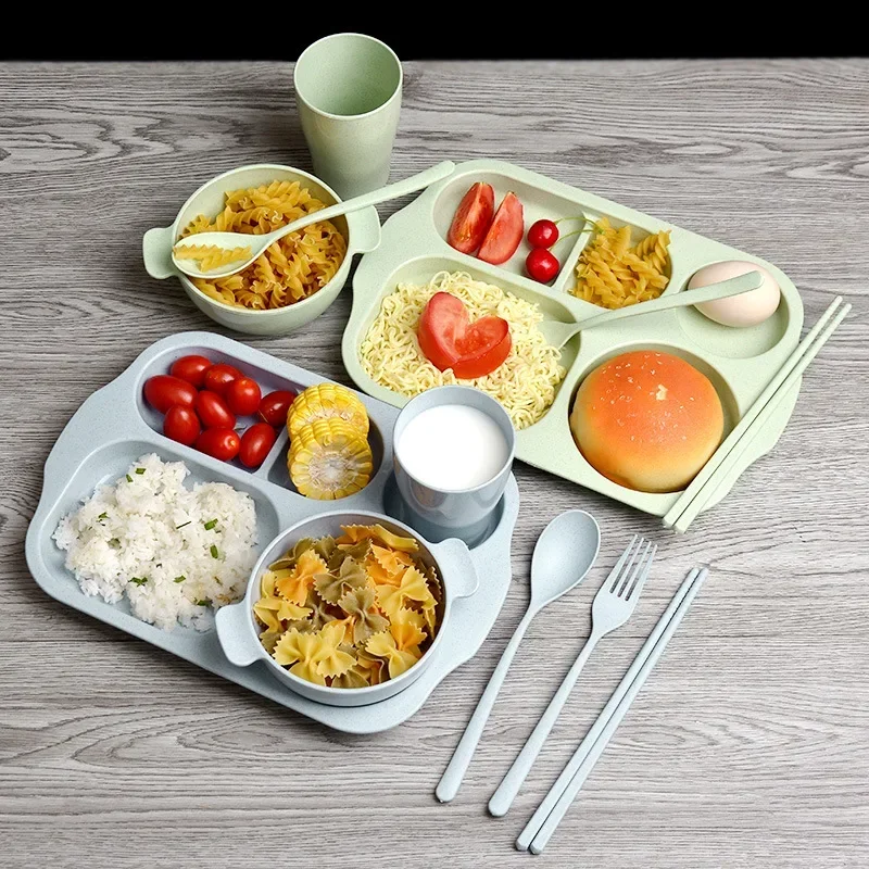 Weizen Stroh Geschirr Set Kinder Kindergarten Unterteilt Essen Platte Student Mittagessen Löffel Gabel Essstäbchen Platte Vier-stück Set
