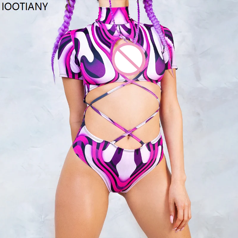 Summer Colorful Tie-dye Print Suspender Swimsuit Women Sexy Jumpsuit High Neck Bikini Halloween Carnival Festival Party Swimwear
