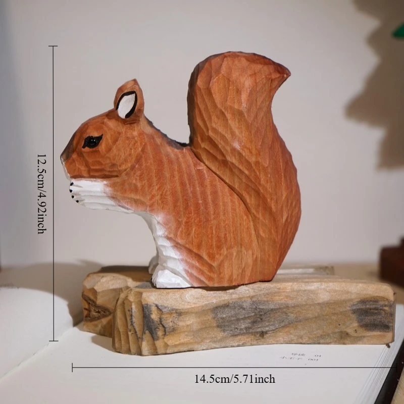 1PC Squirrel on Wood Stump Handcraft Statue Office Workspace Desk TV Console Entryway Decor Handmade Wooden Miniatures Ornament