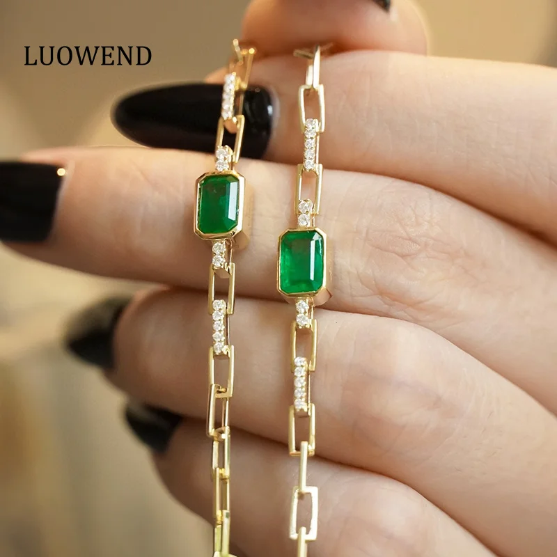 

LUOWEND 100% 18K Yellow Gold Bracelet Vintage Style Natural Diamond Natural Emerald Bracelet for Women High Wedding Jewelry