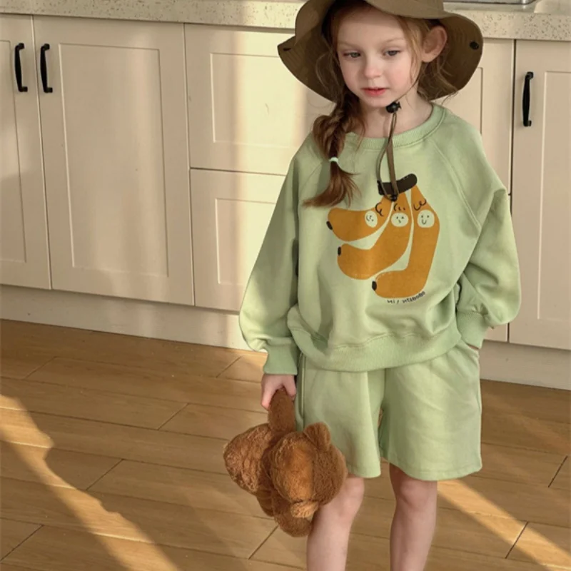 

Girls Sweatshirts +Shorts Kids Suits 2PCS/Set Cotton 2024 Vintage Spring Autumn Cotton Jogging Suit Teenagers Children Clothing