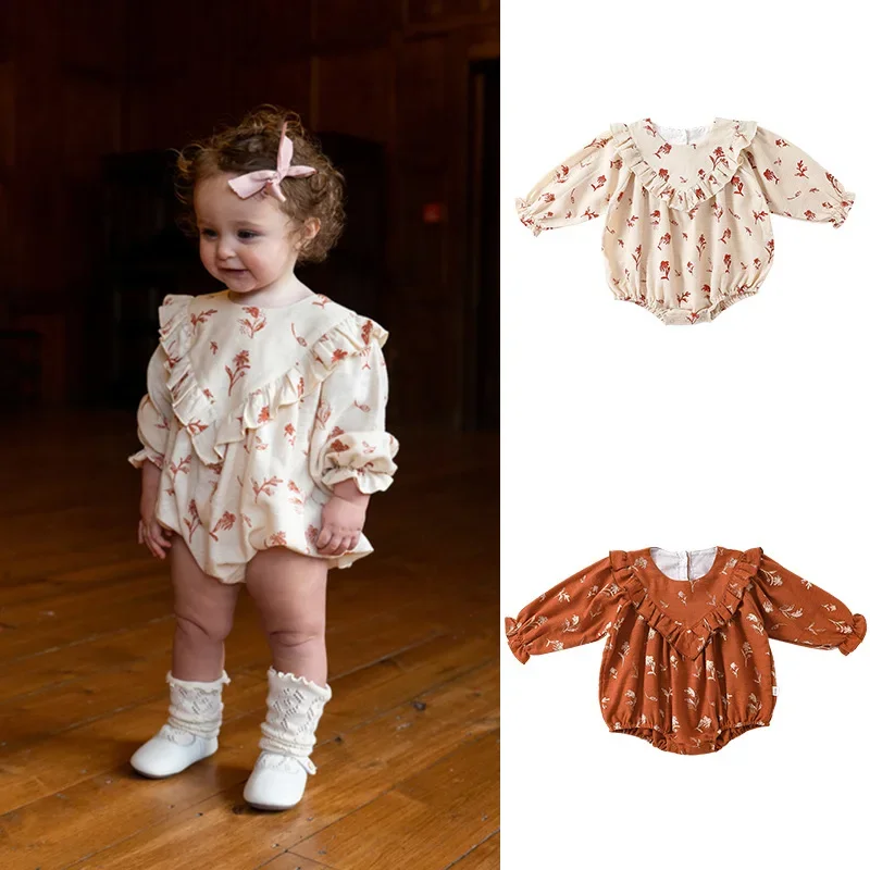

Newborn Infant Baby Girl Clothes 2025 Vintage Floral Baby Romper Long Sleeved Cute Ruffle Baby Girl Jumpsuit