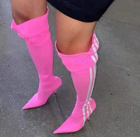 Newest Pink Silk White Stripe Pointed Toe Over The Knee Socks Boots Women Sexy Thin Heels Elastic Slim Thigh Long Botas Shoes