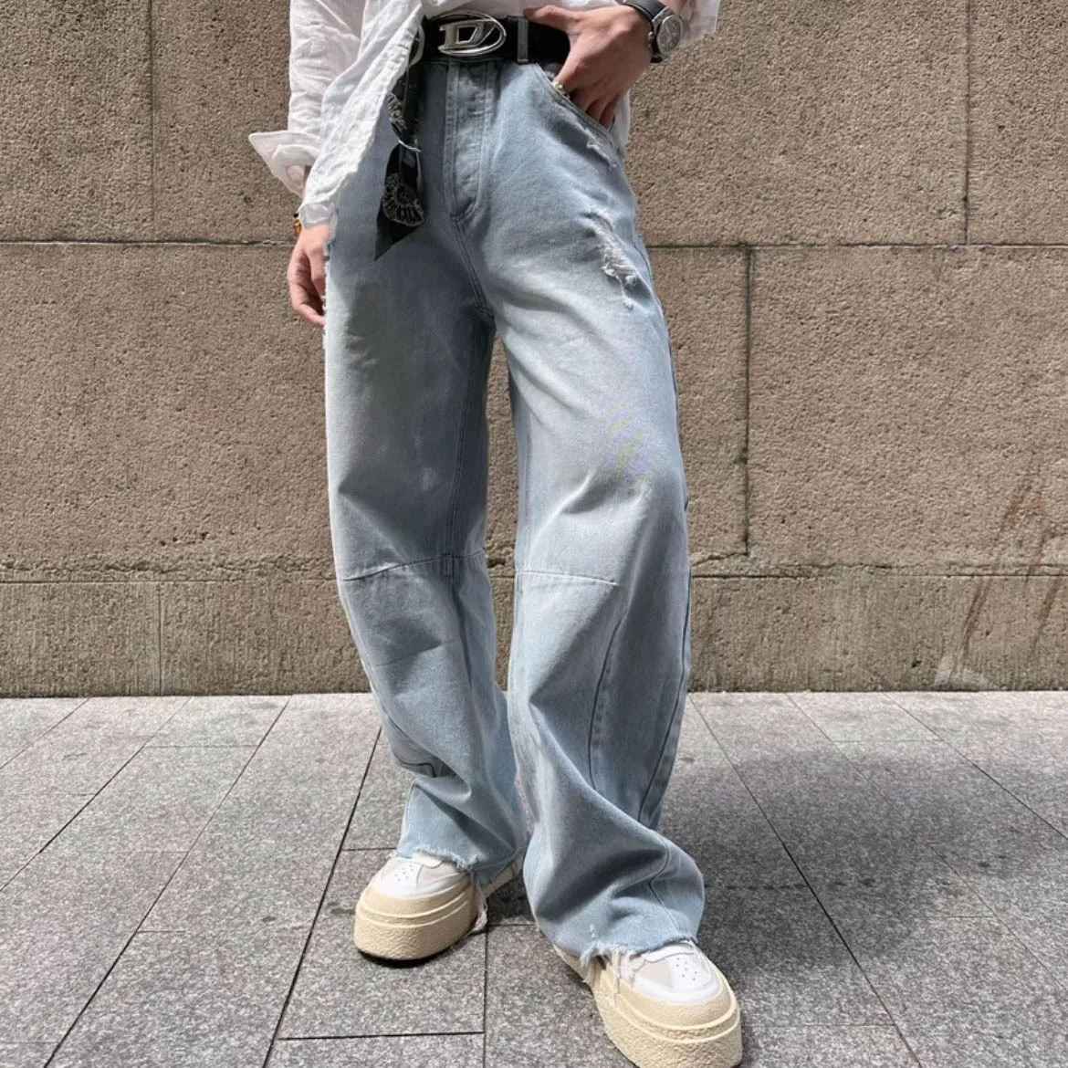 Firmranch 2025 American Pure Cotton Sky Bluewashed Niche Design Scimitar Casual Straight-leg Baggy Jeans High Street Denim Pant