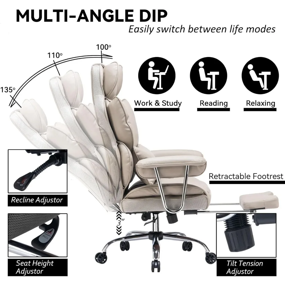 Executive Office Chair for Heavy People, High Back Computer Chair with Foot Rest, Height Adjustable PU Leather Office Chair