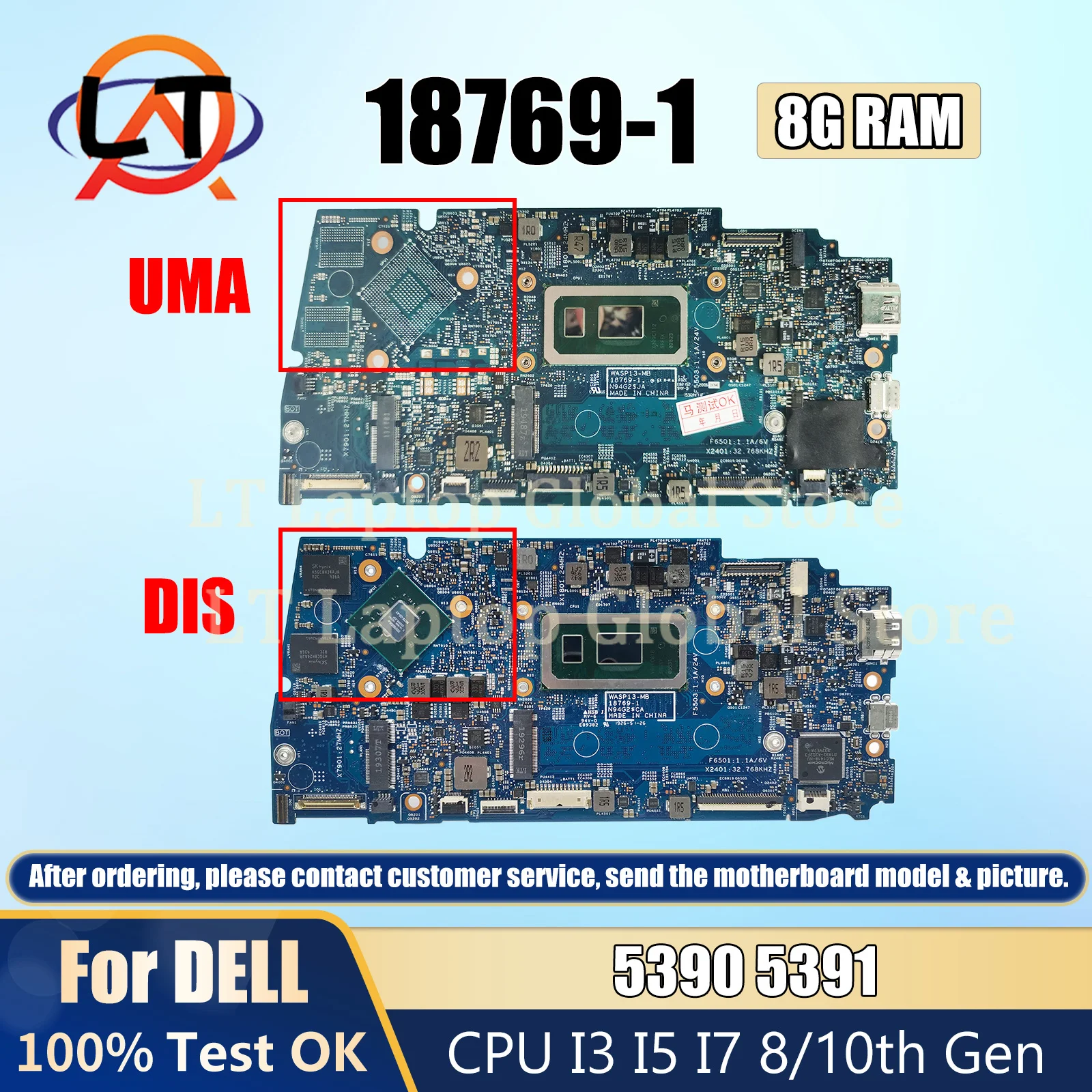 

18769-1 Laptop Motherboard For Dell Vostro 5390 5391 0V61H1 059XGG 02PKCV 027GM Notebook Mainboard I3 I5 I7 8/10th 8G RAM DDR4