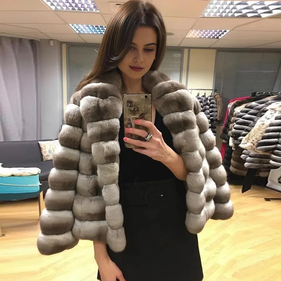 Chinchilla เสื้อขนสัตว์ผู้หญิง Real Rex กระต่ายขนสัตว์ฤดูหนาว WARM แฟชั่น Overcoat