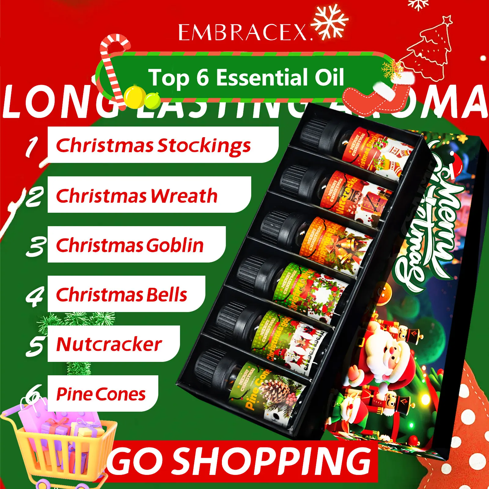 6PCS 10ML Merry Christmas perfumes -Christmas Wreath Christmas Bells Christmas Goblin Christmas Stockings Pine Cones Nutcracker